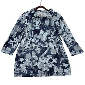 Weekends by Chico's Shirt Top Size L Blue Floral Quarter Zip Long Sleeve Pockets